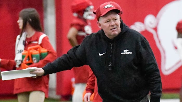 Razorbacks offensive coordinator Bobby Petrino at spring practice Friday